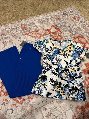 Women’s Floral Peplum Top in White with Blue and Yellow Floral Print